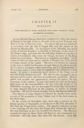 Chapter II. History. The reigns of King Mindon and King Thibaw from Burmese sources