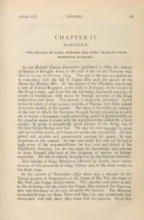 Chapter II. History. The reigns of King Mindon and King Thibaw from Burmese sources