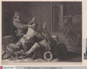 [Drei miteinander kämpfende Männer; Three Man Struggling in an Interior]
