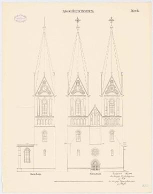 Reformierte Kirche, Frankfurt/Oder: Aufriss Nordansicht, Westansicht 1:125