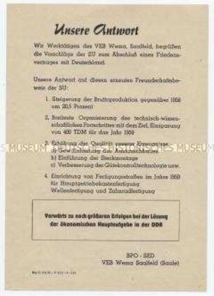 Flugblatt der SED-Betriebsparteiorganisation WEMA Saalfeld mit Verpflichtungen der Belegschaft zum Vorschlag der UdSSR für Friedensvertrag mit Deutschland