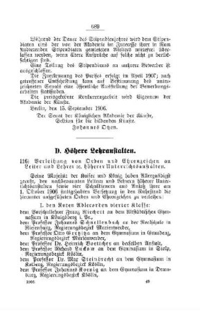 Verleihung von Orden und Ehrenzeichen an Leiter und Lehrer etc. höherer Unterrichtsanstalten : [D. Höhere Lehranstalten]