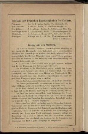 Vorstand der Deutschen Entomologischen Gesellschaft. Auszug aus den Statuten.