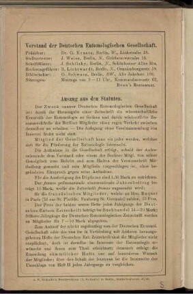 Vorstand der Deutschen Entomologischen Gesellschaft. Auszug aus den Statuten.