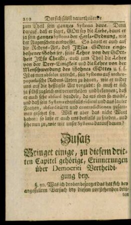 Zusatz Bringet einige, zu diesem dritten Capitel gehörige, Erinnerungen über Democriti Vertheidigung bey