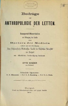 Beiträge zur Anthropologie der Letten