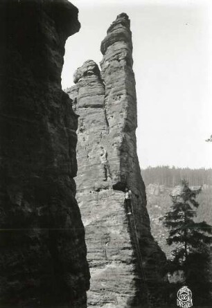 Sächsische Schweiz, Bielatal. Spannagelturm. Seilschaft Ehrhardt Renger an der Bruchholzkante (Nordostkante, VIIb)
