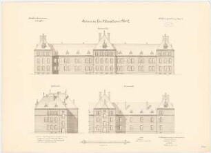 Kavallerie Kasernement, Danzig-Langfuhr Kaserne für 2 Eskadrons No. 2: Giebelansicht, Vorderansicht, Hinteransicht, 1:100