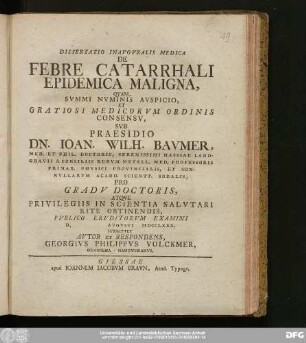 Dissertatio Inavgvralis Medica De Febre Catarrhali Epidemica Maligna