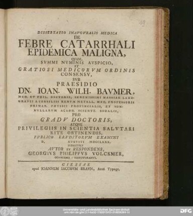 Dissertatio Inavgvralis Medica De Febre Catarrhali Epidemica Maligna