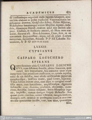 LXXXIII Cyprianus In Casparo Loeschero Spirans