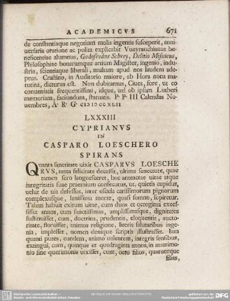 LXXXIII Cyprianus In Casparo Loeschero Spirans
