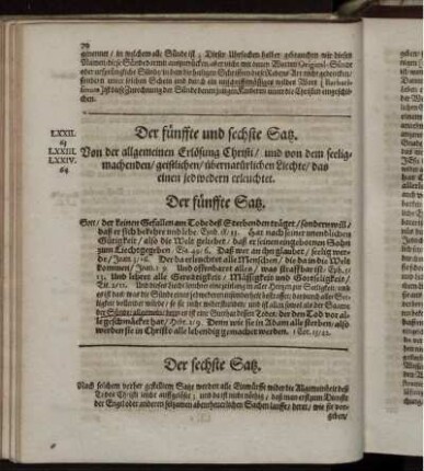 Der fünffte und sechste Satz. Von der allgemeinen Erlösung Christi/ und von dem seeligmachenden/ geistlichen/ übernatürlichen Liechte/ das einen jedwedern erleuchtet