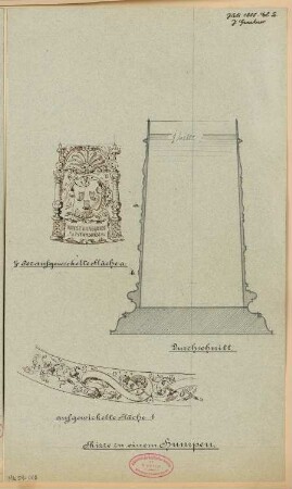 Trinkgefäß Monatskonkurrenz Juli 1885: Querschnitt, 2 Details Verzierungen