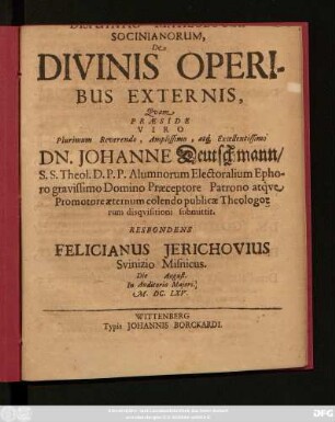 ... Socinianorum, De Divinis Operibus Externis