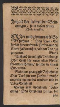 Inhalt der liebreichen Besuchungen/ so in diesem dritten Theile begriffen.
