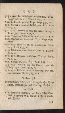 Sectio VI. Mathematik, Mechanik, Kriegskunst, Baukunst, Naturlehre und Naturgeschichte