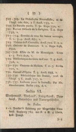 Sectio VI. Mathematik, Mechanik, Kriegskunst, Baukunst, Naturlehre und Naturgeschichte
