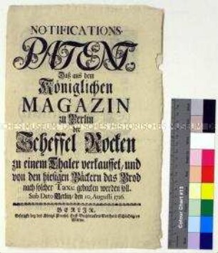Patent von Friedrich Wilhelm I. König betreffs Festlegung des Roggen- und Brotverkaufspreises