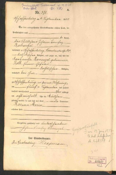 Standesamtsbuch der Stadt Aschaffenburg: Geburten 365/1900 - 184/1901