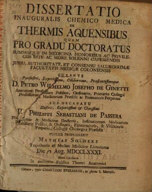 Diss. inaug. chem. med. de thermis Aquensibus