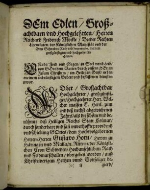 Dem Edlen/ Großachtbarn und hochgelehrten/ Herren Reichard Friderich Mockle/ [...]