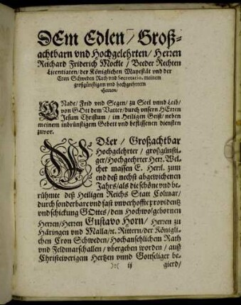 Dem Edlen/ Großachtbarn und hochgelehrten/ Herren Reichard Friderich Mockle/ [...]