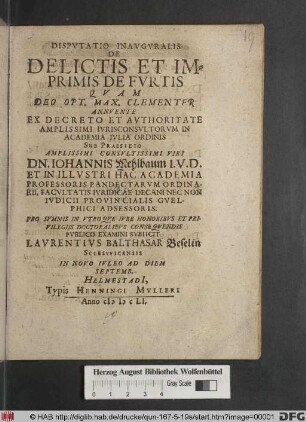 Disputatio Inauguralis De Delictis Et Imprimis De Furtis