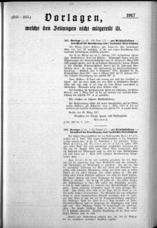 Anlage: (241-245), Vorlagen, welche den Zeitungen nicht mitgeteilt sind, 14. April 1917