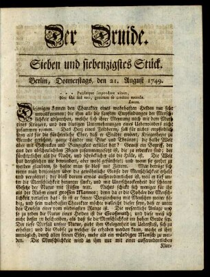 Sieben und siebenzigstes Stück. Berlin, Donnerstags, den 21, August 1749
