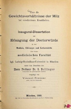 Über die Gewichtsverhältnisse der Milz bei verschiedenen Krankheiten : Inaug.-Diss.