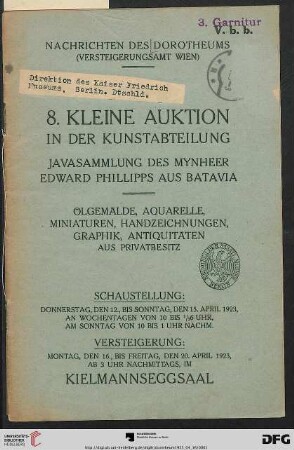 Javasammlung des Mynheer Edward Phillipps aus Batavia : Ölgemälde, Aquarelle, Miniaturen, Handzeichnungen, Graphik, Antiquitäten aus Privatbesitz ; Versteigerung: 16. bis 20. April 1923 (Katalog Nr. 8)