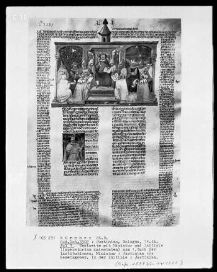 Justinian, Institutiones 1 - 4 — Buchseite mit Miniatur und historisierter Initiale, Folio 1recto