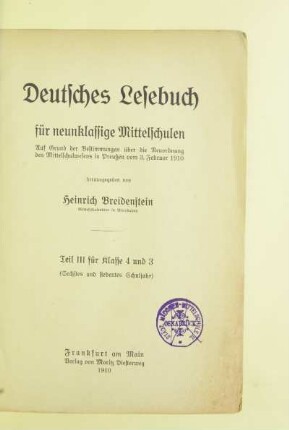 Teil 3 für Kl. 4 u. 3: (Sechstes und siebentes Schuljahr) : auf Grund der Bestimmungen über die Neuordnung des Mittelschulwesens in Preußen vom 3. Februar 1910