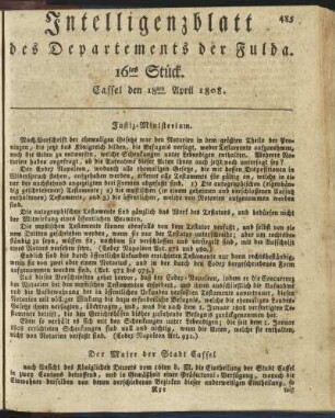 16tes Stück. Cassel den 18ten April 1808