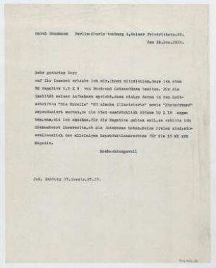 Brief von Raoul Hausmann an Herrn Jeß. Berlin