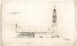 Gsaenger, Gustav; Braunschweig - Lehndorf (Niedersachsen); Ev. Kirche mit Pfarrhaus und Gemeindesaal - Entwurf Kirchplatz, Nordseite (Ansicht)
