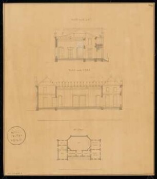 Schützenhaus Monatskonkurrenz Mai 1832: Grundriss Obergeschoss, Längsschnitt, Querschnitt; 2 Maßstabsleisten