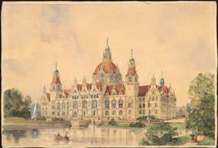 Rathaus, Hannover: Perspektivische Ansicht vom Maschsee