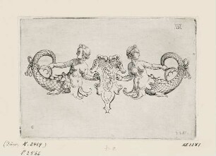 Zwei Meerjungfrauen halten ein Schild mit einem Löwen, Blatt 11 der Folge "Ornamente"
