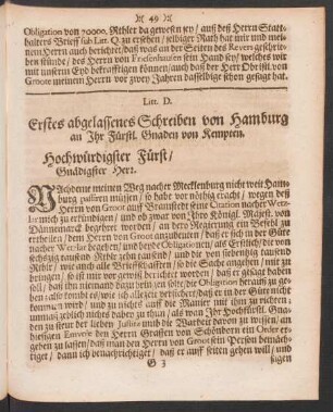 Litt. D. Erstes abgelassenes Schreiben von Hamburg an Ihr Fürstl. Gnaden von Kempten