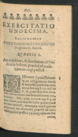 Exercitatio Undecima. Respondente Christophoro Dershovio