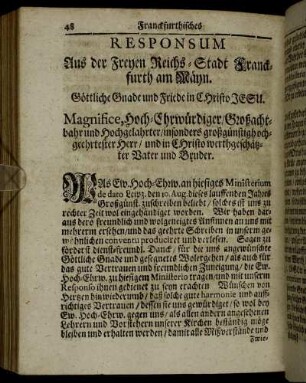 Responsum Aus der Freyen Reichs-Stadt Franckfurth am Mayn.