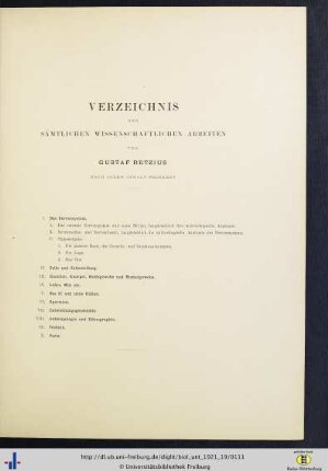 Verzeichnis der sämtlichen wissenschaftlichen Werke von Gustaf Retzius nach ihrem Inhalt geordnet.