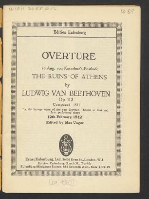Overture to Aug. von Kotzebue's postlude The ruins of Athens : op. 113