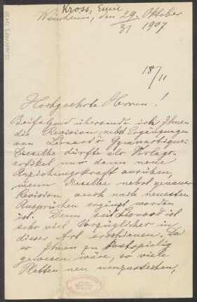 Brief an B. Schott's Söhne : 29.10.1907