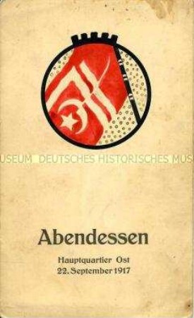 Speisekarte für das Abendessen im Hauptquartier Ost am 22. September 1917