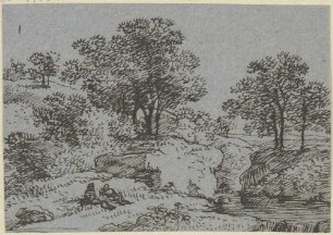 Zwei lagernde Figuren in hügeliger Landschaft