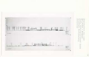 Hallenbad - Freibad, Berlin-Steglitz (Diplomarbeit bei Peter Poelzig): Ansichten von Nordwesten und Nordosten 1:200
