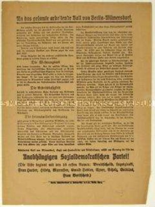 Aufruf der USPD zur Berliner Stadtverordnetenwahl 1919